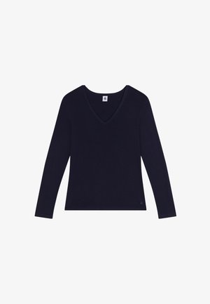 Pull-over en V à manches longues en navy, fabriqué dans un tissu doux. Présente une étiquette au cou et un petit logo en bas à gauche.