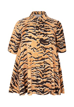 Button-up shirt in orange-brown fabric featuring a tiger stripe pattern in black and white, with a collared neck and short sleeves.
