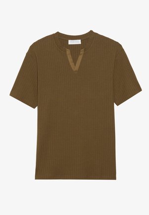 Olijfgroen geribbeld T-shirt, korte mouwen, V-hals, gestructureerde stof, casual pasvorm. Versterkte halslijn accent met ribdetail.