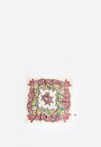 Zīda šalle ar ziedu un paisley rakstu sarkanā, rozā un zaļā krāsā uz krēmkrāsas fona. Kvadrātveida forma ar skaidri definētām malām.