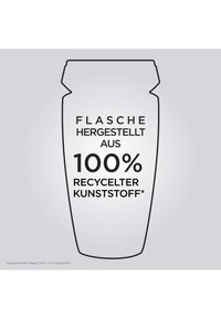 Sylwetka przezroczystej butelki plastikowej z tekstem "100% materiałów recyklingowych" na jasnoszarym tle, napisanym pogrubioną czarną czcionką.
