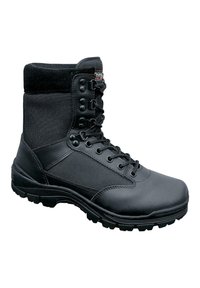 Black tactical boot featuring a mix of leather and textile materials, lace-up design, padded collar, and rugged rubber sole with traction.