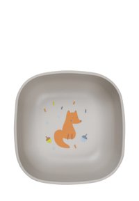 Square light gray bowl made of durable material, featuring an orange fox design with acorns and colorful dots on a white interior.