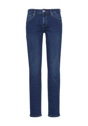 Dunkelblaue Jeans aus Denim mit geradem Bein, ausgestattet mit einem Reißverschluss, fünf Taschen und dezenten Nähten.