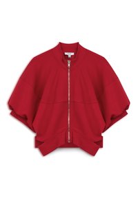 Rode zip-up jas met een brede, cropped silhoutte en ribgebreide kraag en manchetten. Gemaakt van een gladde, zachte stof. Geen zichtbare patronen of hardware.