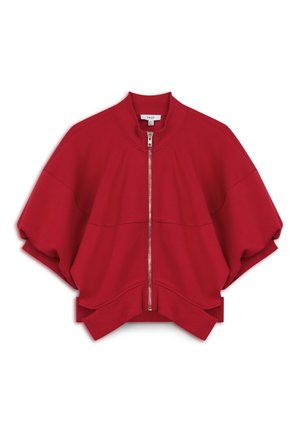 Giacca rossa con zip, dalla silhouette ampia e cropped, con colletto e polsini a coste. Realizzata in un tessuto liscio e morbido. Senza motivi o elementi metallici visibili.
