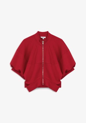 Rote Zip-Jacke mit breiter, verkürzter Silhouette sowie geripptem Kragen und Bündchen. Hergestellt aus einem glatten, weichen Material. Keine sichtbaren Muster oder Hardware.