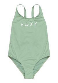 Mintgroen badpak met witte "ROXY" logo; heeft verstelbare dunne banden, een soepel fabric en een bescheiden snit voor bedekking.