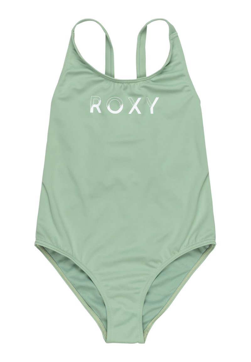 Mintgroen badpak met witte "ROXY" logo; heeft verstelbare dunne banden, een soepel fabric en een bescheiden snit voor bedekking.