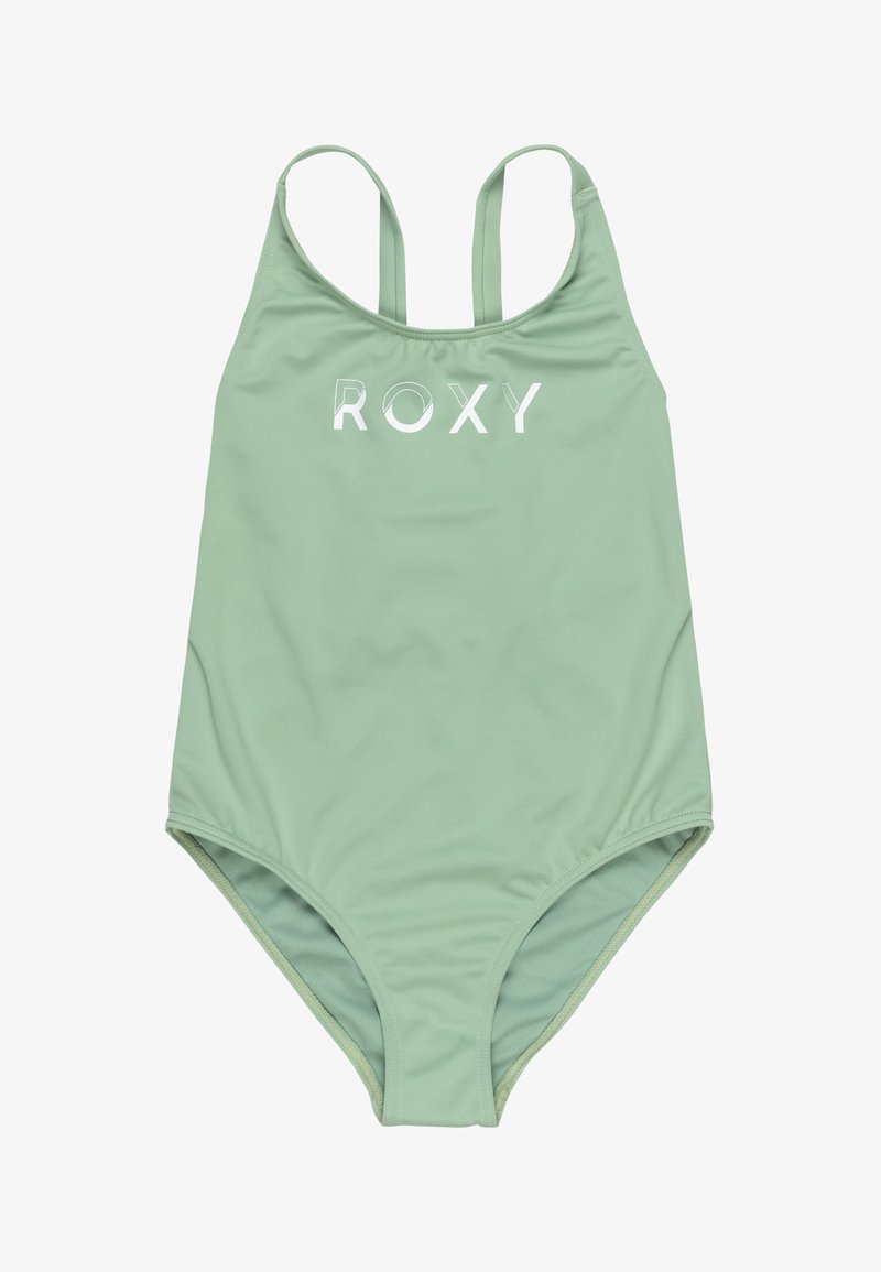 Mintgrüner Einteiler mit weißem "ROXY"-Logo; ausgestattet mit verstellbaren dünnen Trägern, glattem Stoff und moderater Schnittführung für zusätzlichen Schutz.