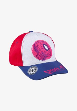 Rote und graue Mütze mit einem blauen Schild, auf der Vorderseite ein großes pinkes Spider-Man-Logo und "SPIDER-MAN" in Pink auf dem Schild gedruckt.