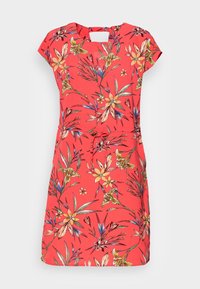 Korallenfarbiges Kleid mit kurzen Ärmeln, Blumenmuster mit gelben und blauen Blumen, runder Ausschnitt und einem Schlüsselloch-Rückendetail.