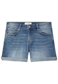 Pantalones cortos de mezclilla azul con puños doblados, botón frontal, cremallera, trabillas para cinturón y diseño de cinco bolsillos, incluyendo un pequeño bolsillo para monedas.