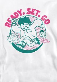 A cartoon character with spiky hair runs energetically, declaring "READY, SET, GO." A piggy bank and a smaller figure are in the background.