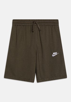 Mørkegrønne Nike-shorts med elastisk talje, justerbar snøre og hvid Nike-logo på venstre ben.