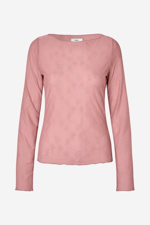 Hosszú ujjú rózsaszín blúz könnyű anyagból, virágmintás hímzéssel, kerek nyakkivágással és enyhén ívelt szegéllyel.