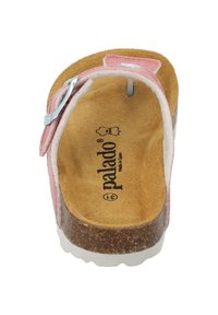 Pink leather sandal with a cork footbed, suede lining, and silver metal buckle. White rubber sole and "palado" branding on the insole.