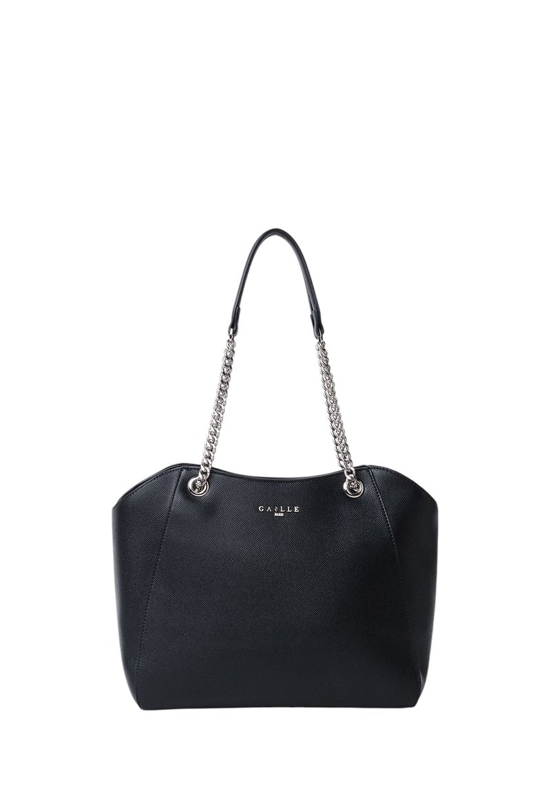 Borsa nera con finitura in pelle testurizzata, manici in catena argentata e una silhouette ampia e arrotondata. Presenta dettagli con logo sul davanti.