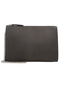 Szara torebka kopertówka o fakturowanym wykończeniu z żebrowanym wzorem, wykonana z materiału syntetycznego, z zapięciem na zamek błyskawiczny oraz srebrnym łańcuszkiem. Kompaktowy prostokątny kształt.