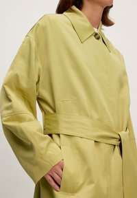 Hellgrüner, taillierter Trenchcoat mit breitem Kragen, zwei seitlichen Taschen und langen Ärmeln, aus einem glatten, glänzenden Stoff gefertigt.