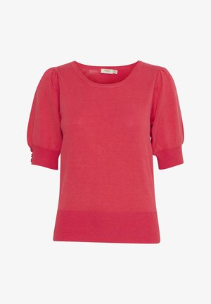 Roosa kendatud topp ümmarguse kaelusega, lühikeste puffvarrukatega ja soonikäärega. Varvastes on väiksed nööbikaunistused. Pehme tekstuur.