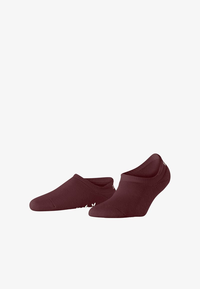 Burgunderfarbene, tief geschnittene Socken aus weichem, elastischem Material mit nahtlosem Design und dekorativen weißen Akzenten in der Nähe der Ferse.