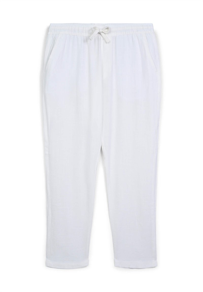 Pantaloni bianchi leggeri con vita elastica, coulisse, tasche laterali e gambe affusolate. Texture liscia e design semplice.