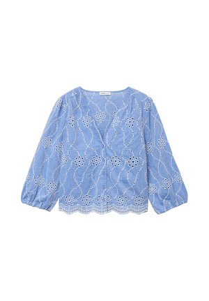 Blusa azzurro chiaro a maniche lunghe con ricamo floreale bianco a occhielli, orlo smerlato e fronte con bottoni.