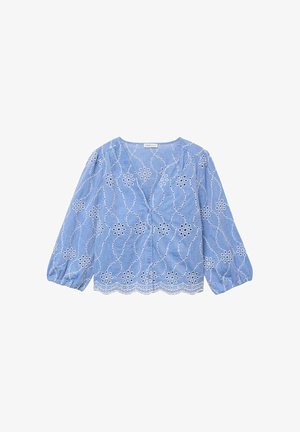 Blusa azzurro chiaro a maniche lunghe con ricamo floreale bianco a occhielli, orlo smerlato e fronte con bottoni.
