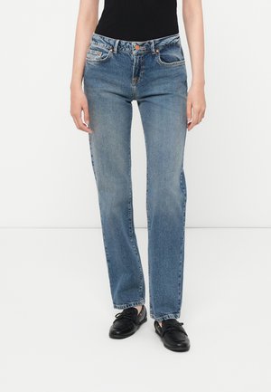 Light blue denim jeans with a straight-leg design, featuring front and back pockets, copper-colored hardware, and subtle fading details.