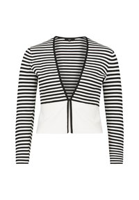 Pasiasty kardigan z długim rękawem i głębokim dekoltem w kształcie V, z czarno-białymi poziomymi paskami, kontrastowym czarnym wykończeniem oraz krojem do pasa.