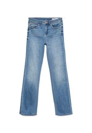 lichtblauwe denim jeans met een rechte pijpdesign, voorzien van vijf zakken, een ritssluiting en subtiele vervaging op de stof.