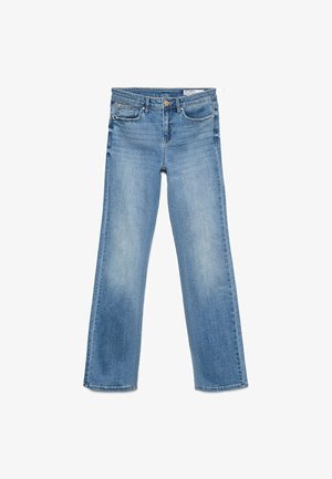 Light blue denim jeans with a straight leg design, featuring five pockets, a zip fly, and subtle fading on the fabric.