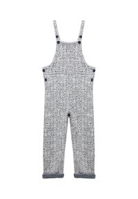 Salopette a pattern blu e bianco con spalline, tasche frontali e orli arrotolati. Realizzata in un tessuto tessuto testurizzato.