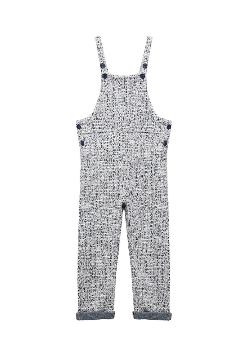 Salopette a pattern blu e bianco con spalline, tasche frontali e orli arrotolati. Realizzata in un tessuto tessuto testurizzato.
