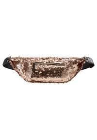 Fanny pack in paillettes rosa oro con tasca frontale con zip e cinturini neri regolabili su sfondo bianco.