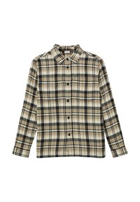 Bruin en crème geruit shirt met lange mouwen van flanel, voorzien van een kraag, knoopsluiting aan de voorkant en twee borstzakken.