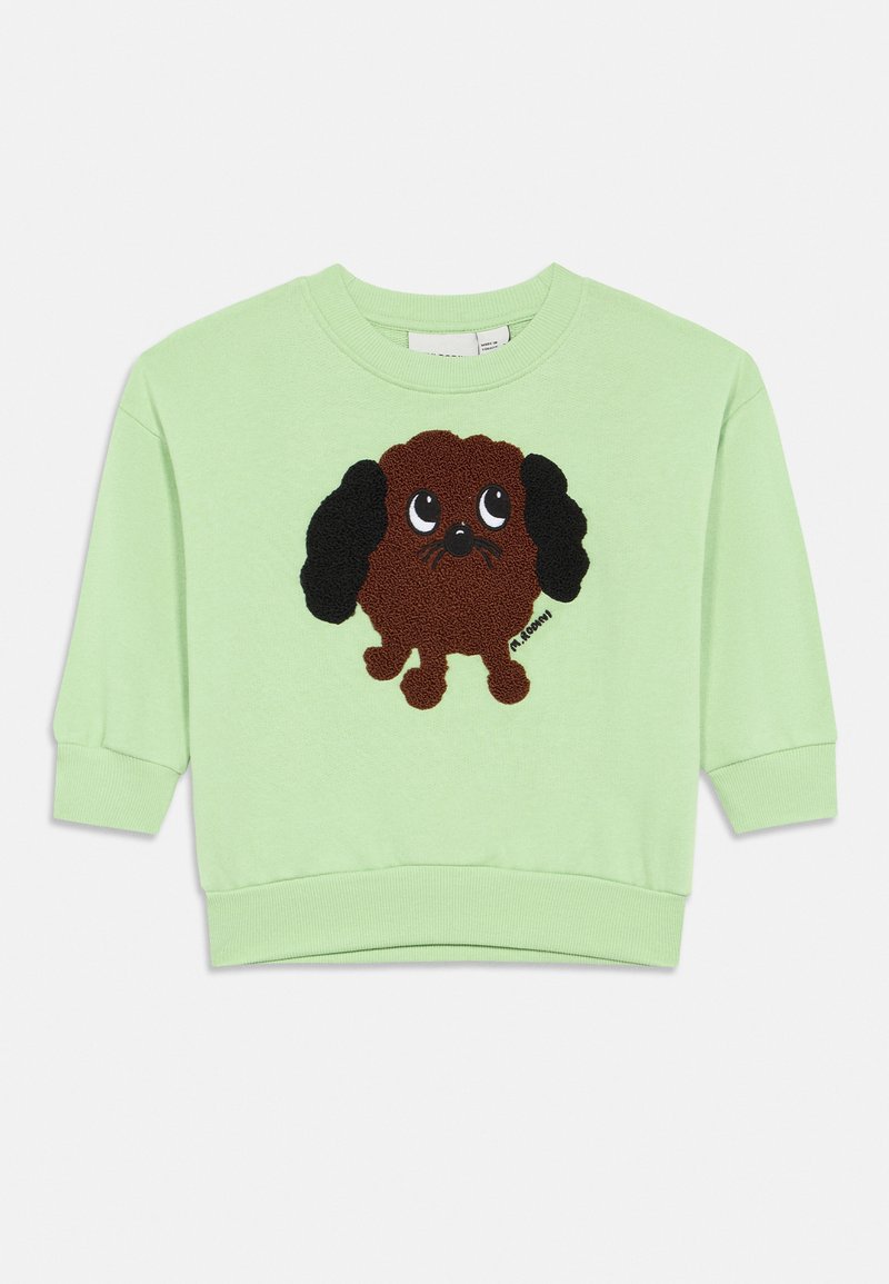 Sweatshirt infantil verde-claro com um cão de desenho animado castanho, apresentando orelhas pretas e grandes olhos brilhantes na parte da frente.