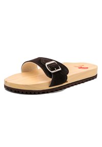 Brown suede slide sandal with a metal buckle, wooden footbed, and textured rubber sole featuring pronounced grooves for traction.