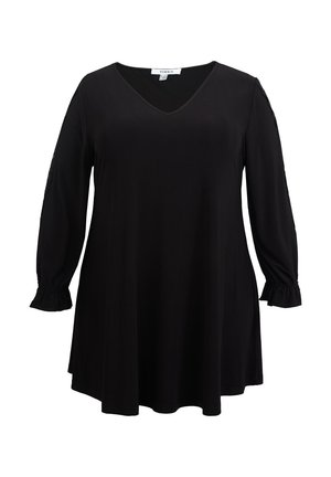 Schwarze Tunika mit langen Ärmeln, V-Ausschnitt, leicht ausgestelltem Saum, elastischen Bündchen und Spitzeneinsätzen an den Ärmeln.