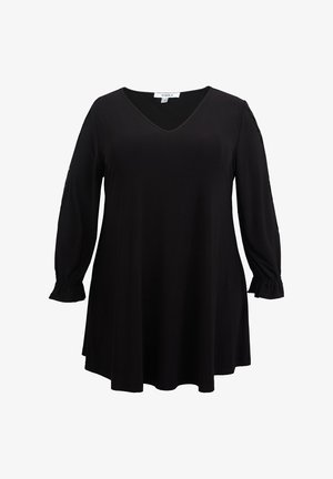 Zwarte tuniek met lange mouwen, V-hals, licht uitlopende zoom, elastische manchetten en kanten inzetstukken langs de mouwen.