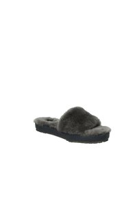 Pantofole scivolone in peluche grigio con superiore soffice, soletta morbida e suola in gomma nera texturizzata, progettate per il comfort e la facilità d'uso.