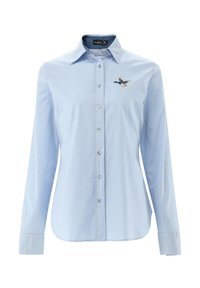 Light blue button-up shirt with long sleeves, featuring a small embroidered bird design on the chest and a traditional collar.