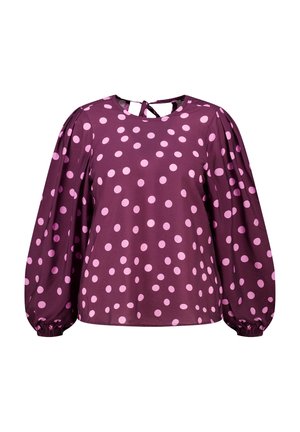 Paarse blouse met lange mouwen en lichtroze polkadots, ronde hals, strikdetail aan de achterkant en elastische manchetten aan de mouwen.