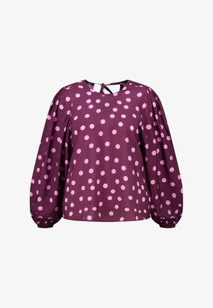 Paarse blouse met lange mouwen en lichtroze polkadots, ronde hals, strikdetail aan de achterkant en elastische manchetten aan de mouwen.