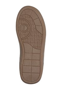 Suola in gomma marrone con motivi testurizzati, design circolari e a griglia, e scanalature per la presa. Superficie liscia, costruzione robusta e flessibile.
