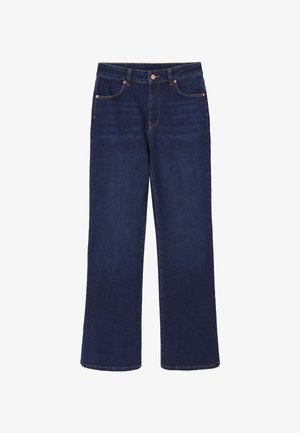 Mørkeblå denim jeans med et bred ben-design. Har fem lommer, en knaplukning og kontrastsyninger langs sømmene.