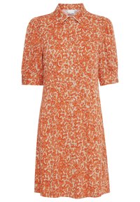 Robe à manches courtes avec col, présentant un motif floral orange et crème, fabriquée en tissu léger avec une fermeture boutonnée à l'avant et une coupe décontractée.