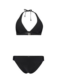 Set bikini nero con top a halter dal design profondo a V e dettagli centrali in metallo argentato, abbinato a un classico pantalone alto.