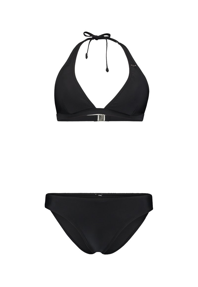 Set bikini nero con top a halter dal design profondo a V e dettagli centrali in metallo argentato, abbinato a un classico pantalone alto.
